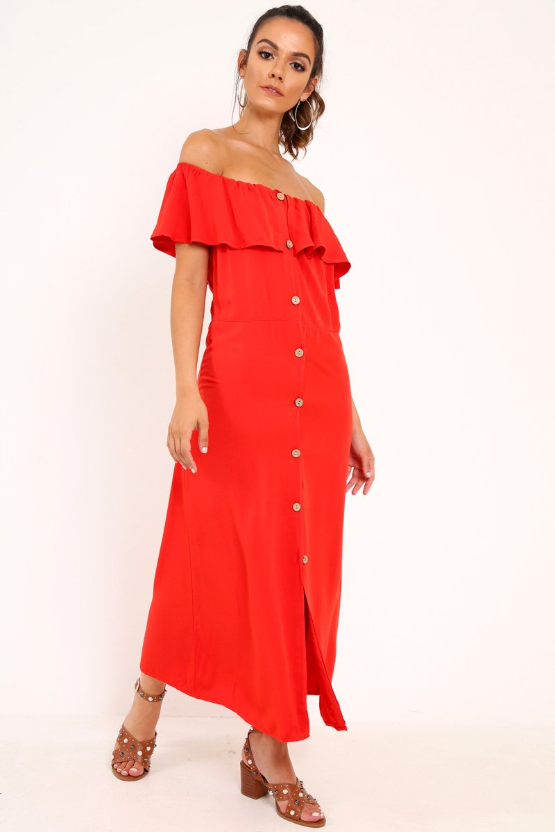 Red Bardot Frill Button Front Midi Dress - Clancy-Dresses