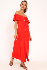 Red Bardot Frill Button Front Midi Dress - Clancy-Dresses