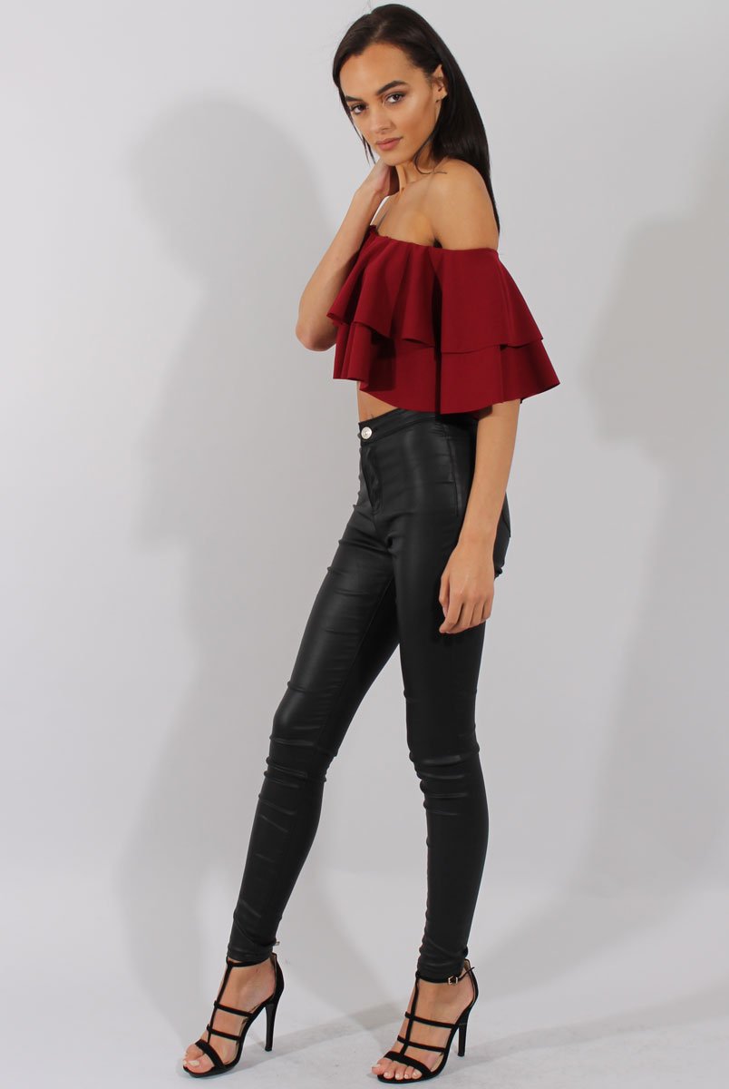 Red Bardot Frill Crop Top - Flissy-Tops