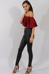 Red Bardot Frill Crop Top - Flissy-Tops