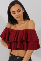 Red Bardot Frill Crop Top - Flissy-Tops