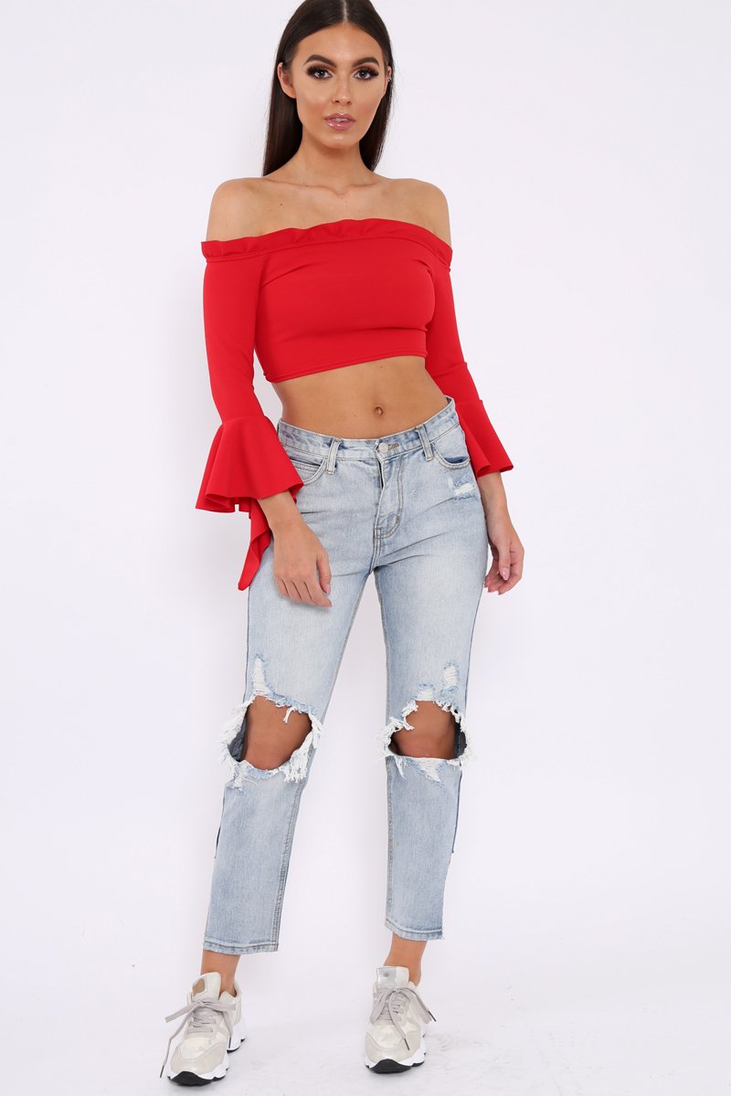 Red Bardot Frill Crop Top with Flared Sleeves - Tiffy-Tops