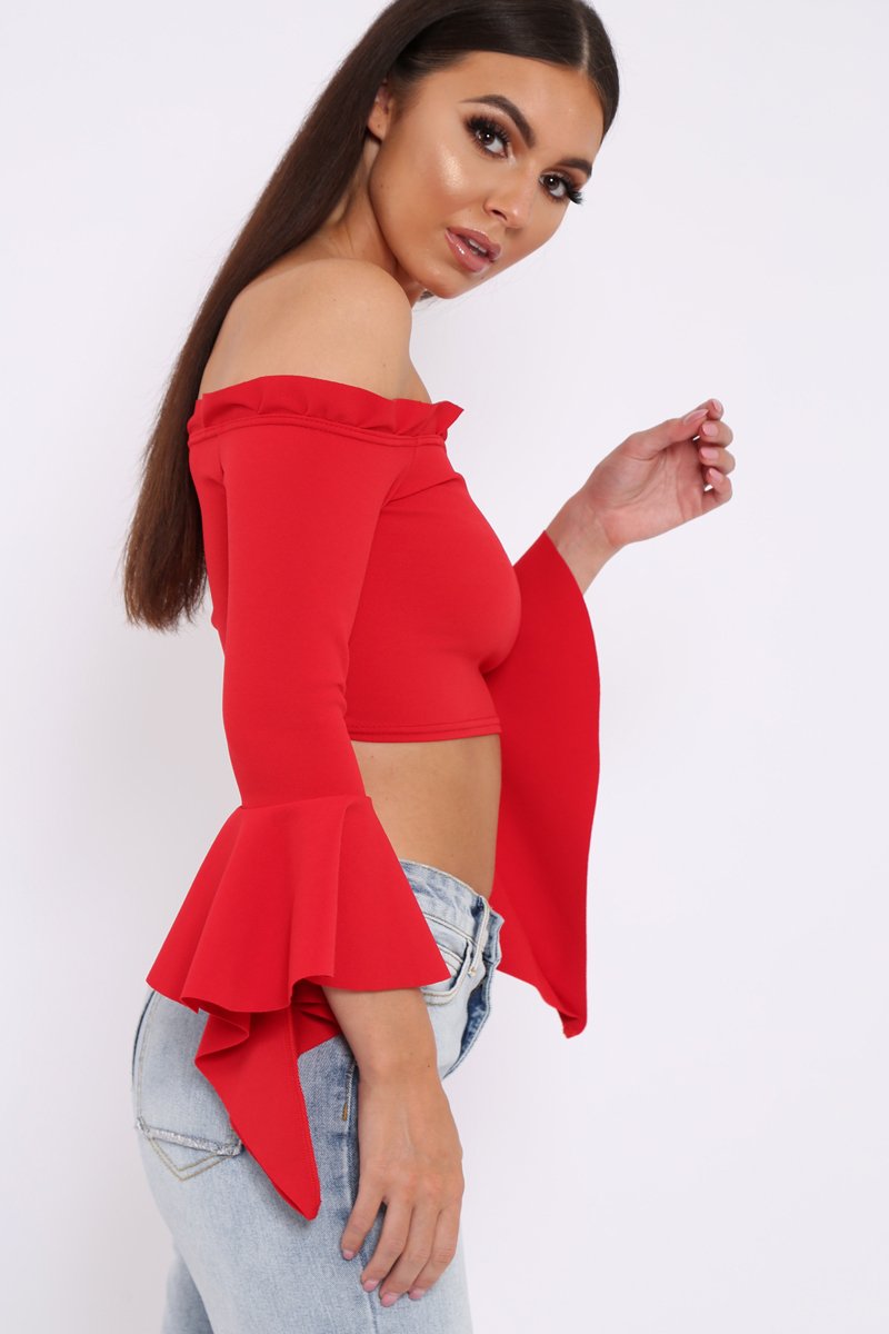 Red Bardot Frill Crop Top with Flared Sleeves - Tiffy-Tops
