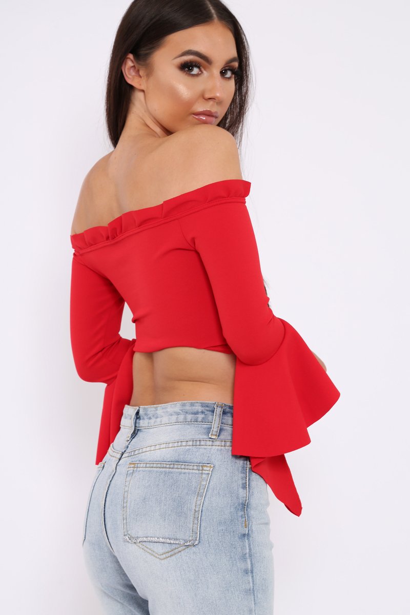 Red Bardot Frill Crop Top with Flared Sleeves - Tiffy-Tops