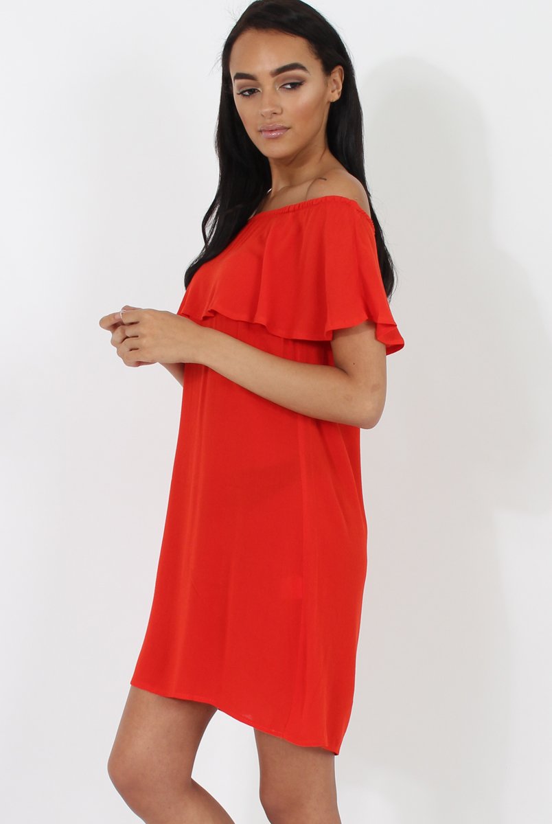 Red Bardot Frill Dress - Ophelia-Dresses