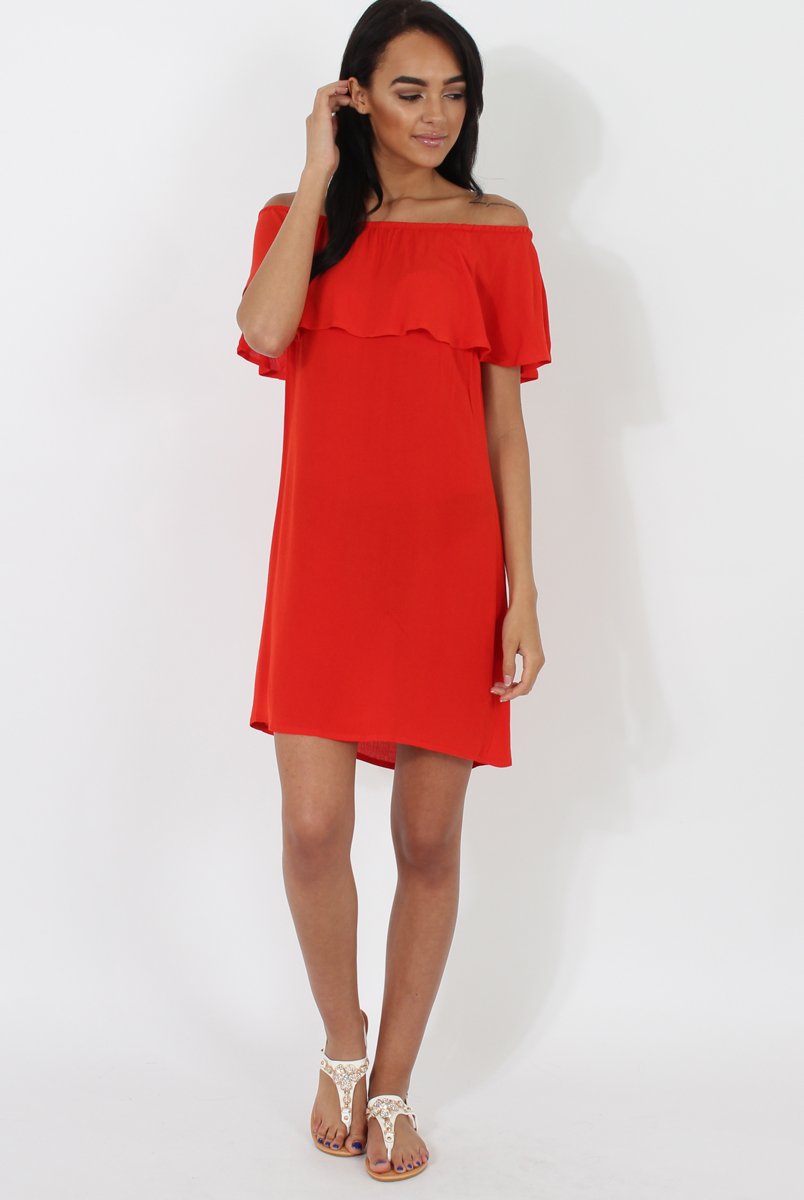 Red Bardot Frill Dress - Ophelia-Dresses
