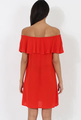 Red Bardot Frill Dress - Ophelia-Dresses
