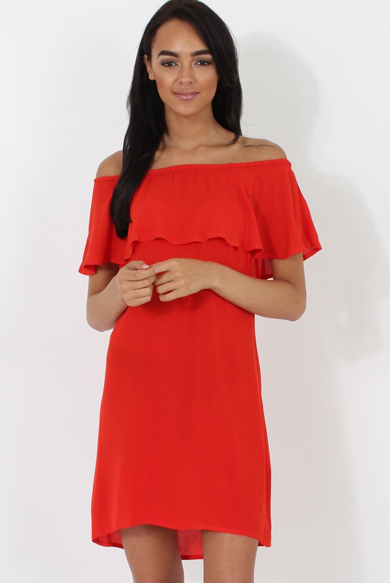 Red Bardot Frill Dress - Ophelia-Dresses