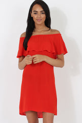 Red Bardot Frill Dress - Ophelia-Dresses