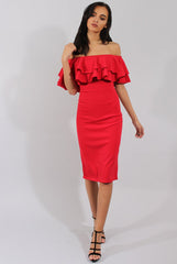 Red Bardot Frill Dress - Serena-Dresses