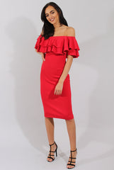 Red Bardot Frill Dress - Serena-Dresses