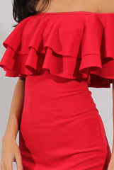 Red Bardot Frill Dress - Serena-Dresses