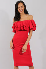 Red Bardot Frill Dress - Serena-Dresses