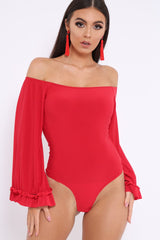 Red Bardot Frill Flare Sleeve Bodysuit - Sofiya-Bodysuits
