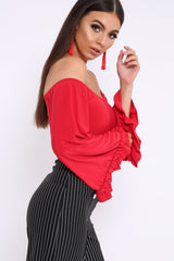 Red Bardot Frill Flare Sleeve Bodysuit - Sofiya-Bodysuits