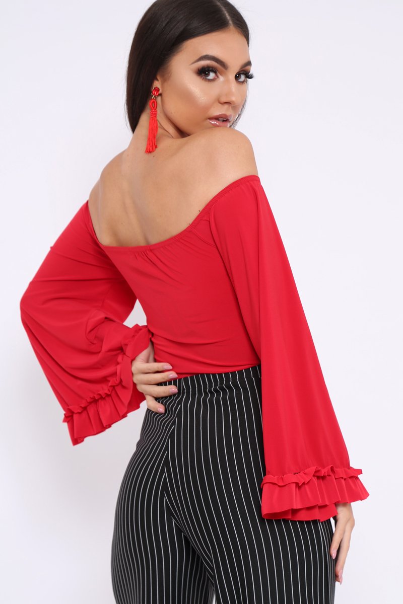 Red Bardot Frill Flare Sleeve Bodysuit - Sofiya-Bodysuits