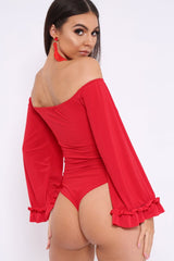 Red Bardot Frill Flare Sleeve Bodysuit - Sofiya-Bodysuits