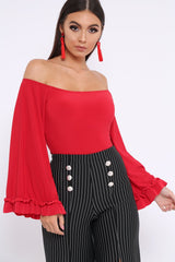Red Bardot Frill Flare Sleeve Bodysuit - Sofiya-Bodysuits