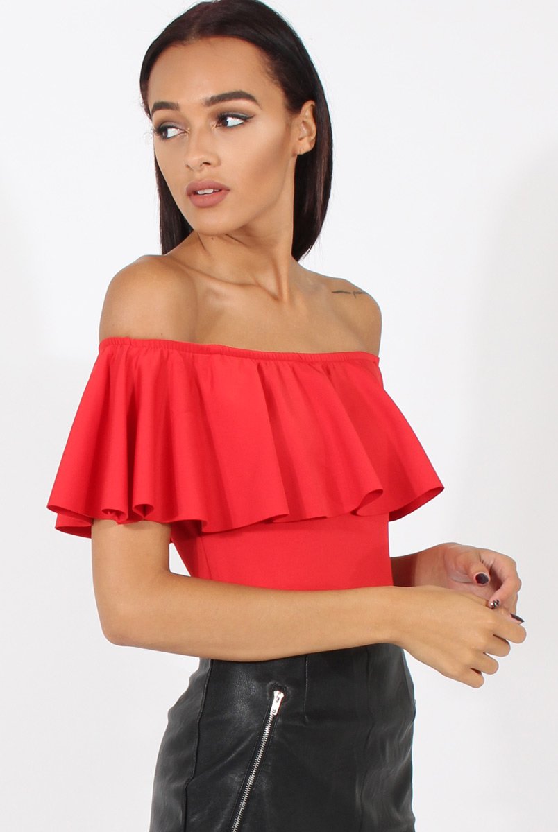 Red Bardot Frill Layer Bodysuit - Olga-Bodysuits