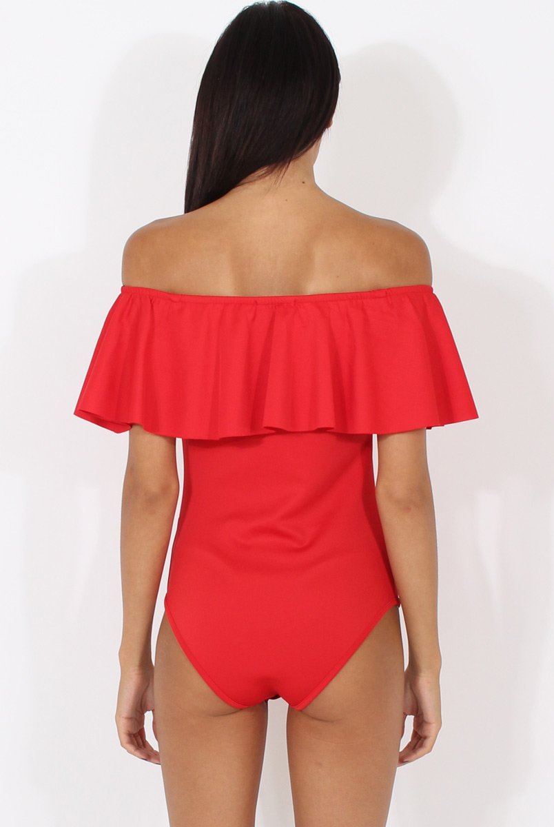 Red Bardot Frill Layer Bodysuit - Olga-Bodysuits