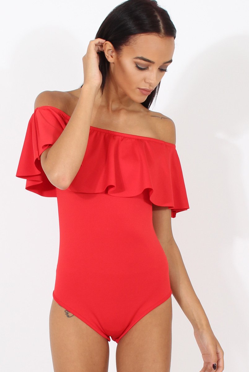 Red Bardot Frill Layer Bodysuit - Olga-Bodysuits