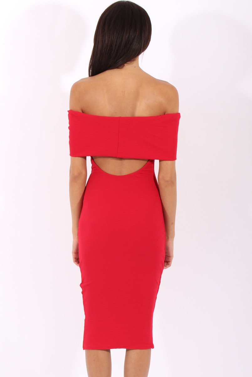 Red Bardot Frill Open Back Midi Dress - Trish Rebellious Fashion Red Bardot Frill Open Back Midi Dress - Trish Rebellious Fashion