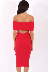 Red Bardot Frill Open Back Midi Dress - Trish-Dresses