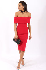 Red Bardot Frill Open Back Midi Dress - Trish-Dresses