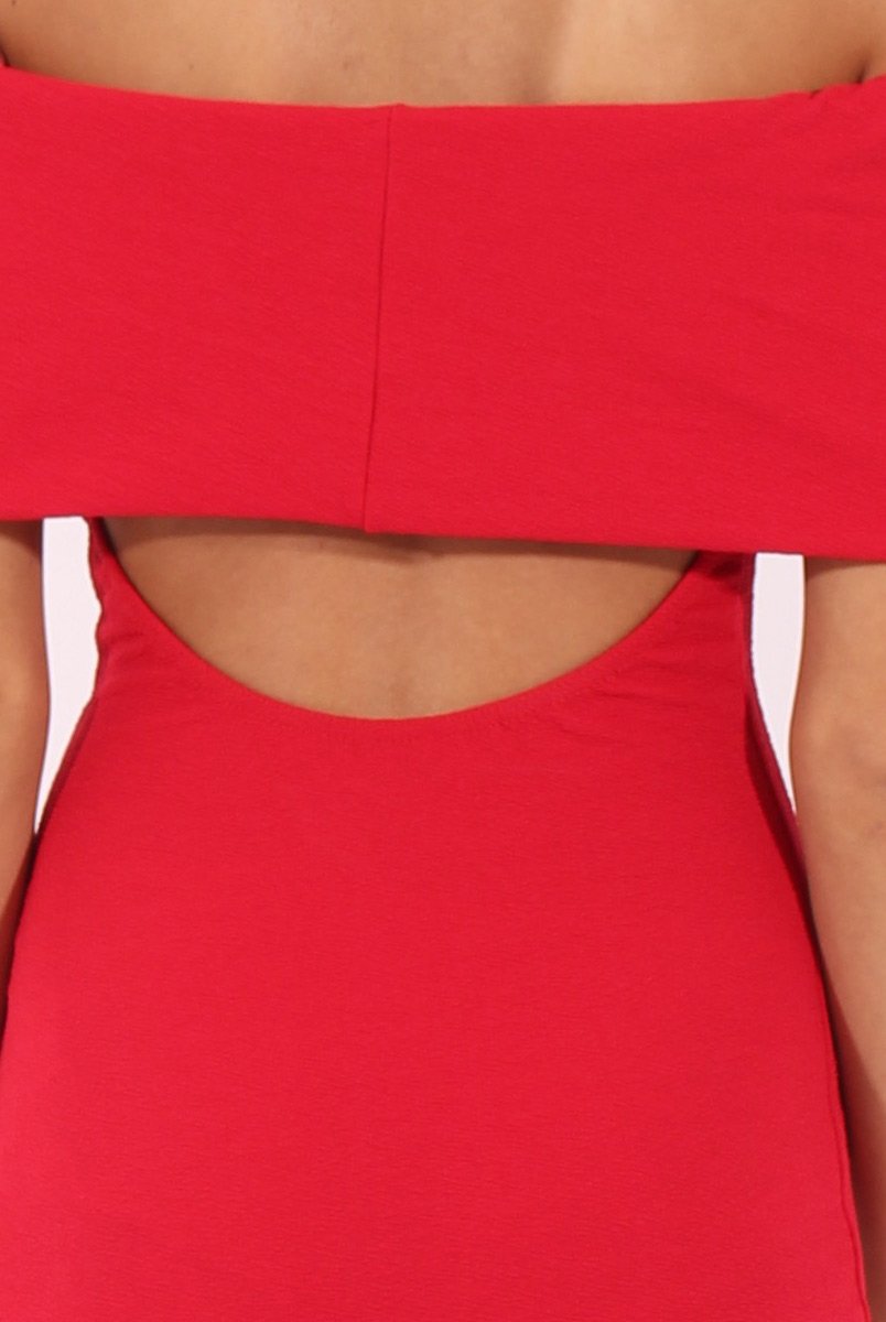 Red Bardot Frill Open Back Midi Dress - Trish Rebellious Fashion Red Bardot Frill Open Back Midi Dress - Trish Rebellious Fashion