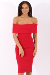 Red Bardot Frill Open Back Midi Dress - Trish-Dresses