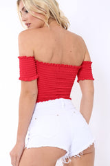 Red Bardot Frill Shirred Crop Top - Kailah-Crop Tops