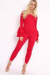 Red Bardot Jumpsuit with Tiered Flared Sleeves - Vivianne-Jumpsuits