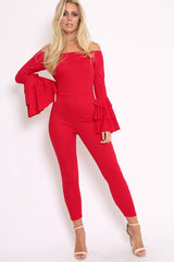 Red Bardot Jumpsuit with Tiered Flared Sleeves - Vivianne-Jumpsuits