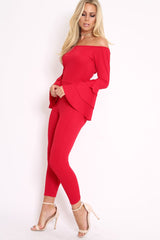 Red Bardot Jumpsuit with Tiered Flared Sleeves - Vivianne-Jumpsuits