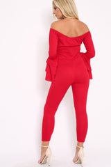 Red Bardot Jumpsuit with Tiered Flared Sleeves - Vivianne-Jumpsuits