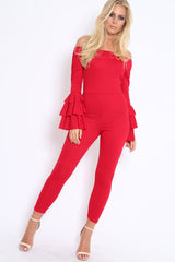 Red Bardot Jumpsuit with Tiered Flared Sleeves - Vivianne-Jumpsuits