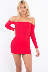 Red Bardot Lettuce Hem Rib Knit Mini Dress - Keysha-Dresses