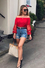 Red Bardot Sheer Embroidered Sleeve Crop Top - Ryley-Tops