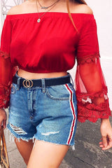 Red Bardot Sheer Embroidered Sleeve Crop Top - Ryley-Tops