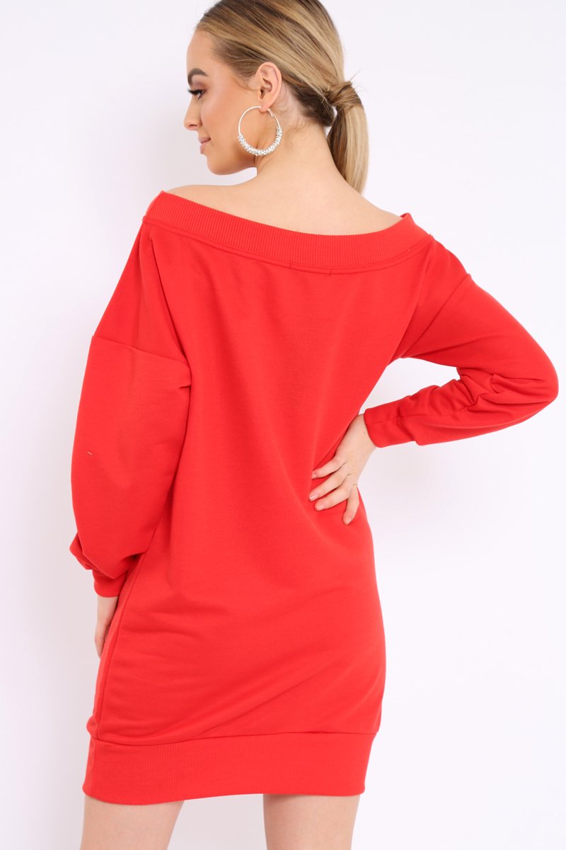 Red Bardot Sweater Dress - Ariel-Dresses