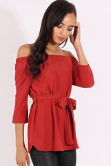 Red Bardot Tie Waist Top - Angie-Tops
