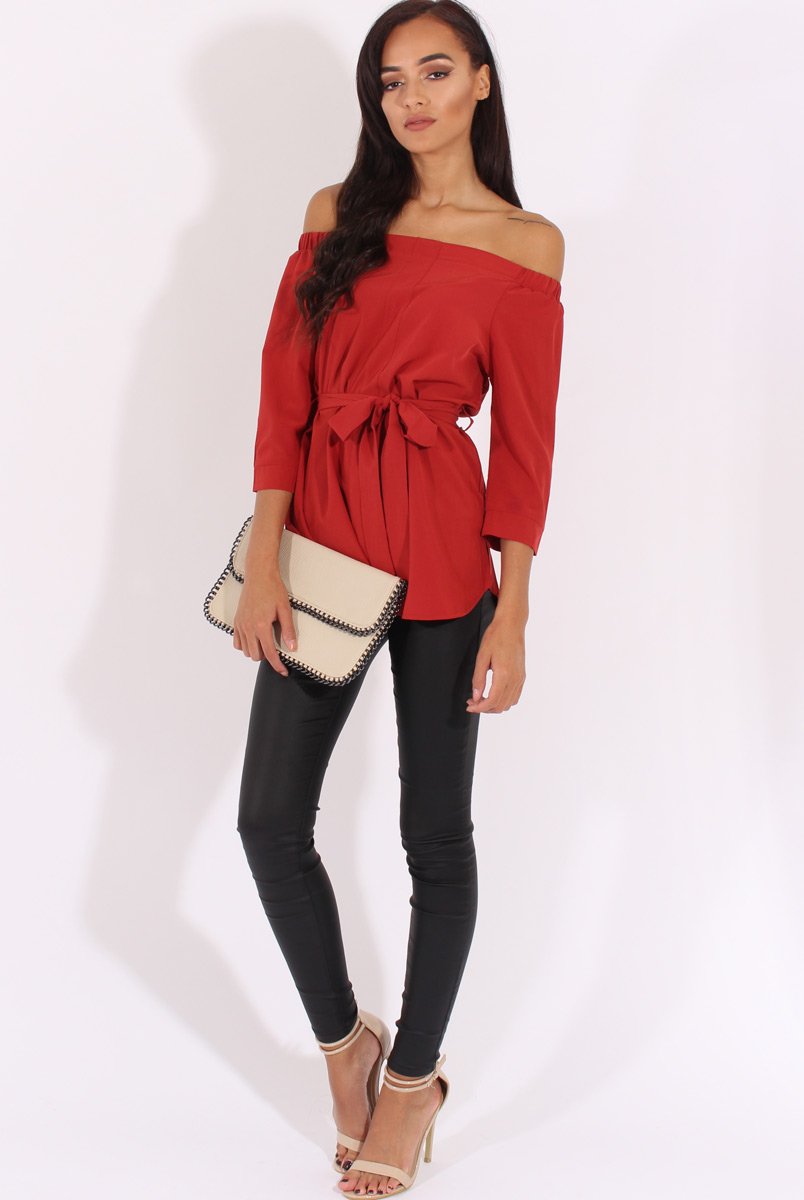 Red Bardot Tie Waist Top - Angie-Tops