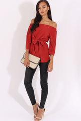 Red Bardot Tie Waist Top - Angie-Tops