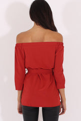 Red Bardot Tie Waist Top - Angie-Tops