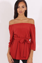 Red Bardot Tie Waist Top - Angie-Tops