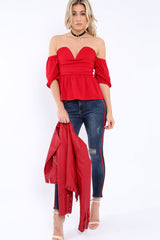 Red Bardot V Plunge Ruffle Hem Top - Norah-Tops