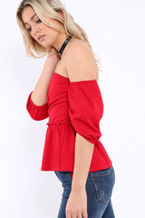 Red Bardot V Plunge Ruffle Hem Top - Norah-Tops
