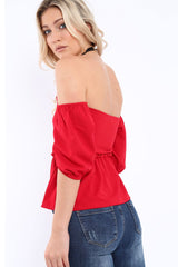 Red Bardot V Plunge Ruffle Hem Top - Norah-Tops