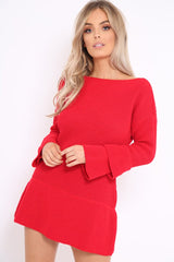 Red Bell Sleeve Extreme Hem Chunky Knit Jumper Dress - Paige-Dresses