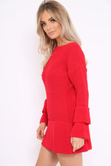 Red Bell Sleeve Extreme Hem Chunky Knit Jumper Dress - Paige-Dresses